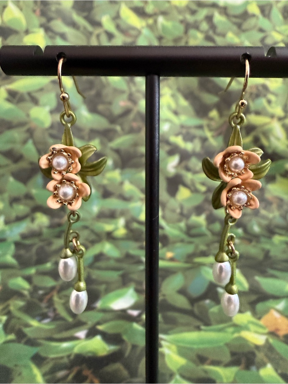 Floral Pearl Drop Earrings - Peach and Green